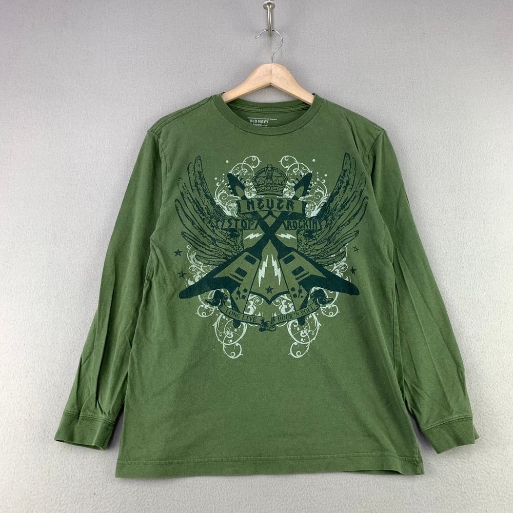 Vintage Old Navy Long Sleeve T-Shirt Boys XL Green Metal Band Graphic Tee Y2K